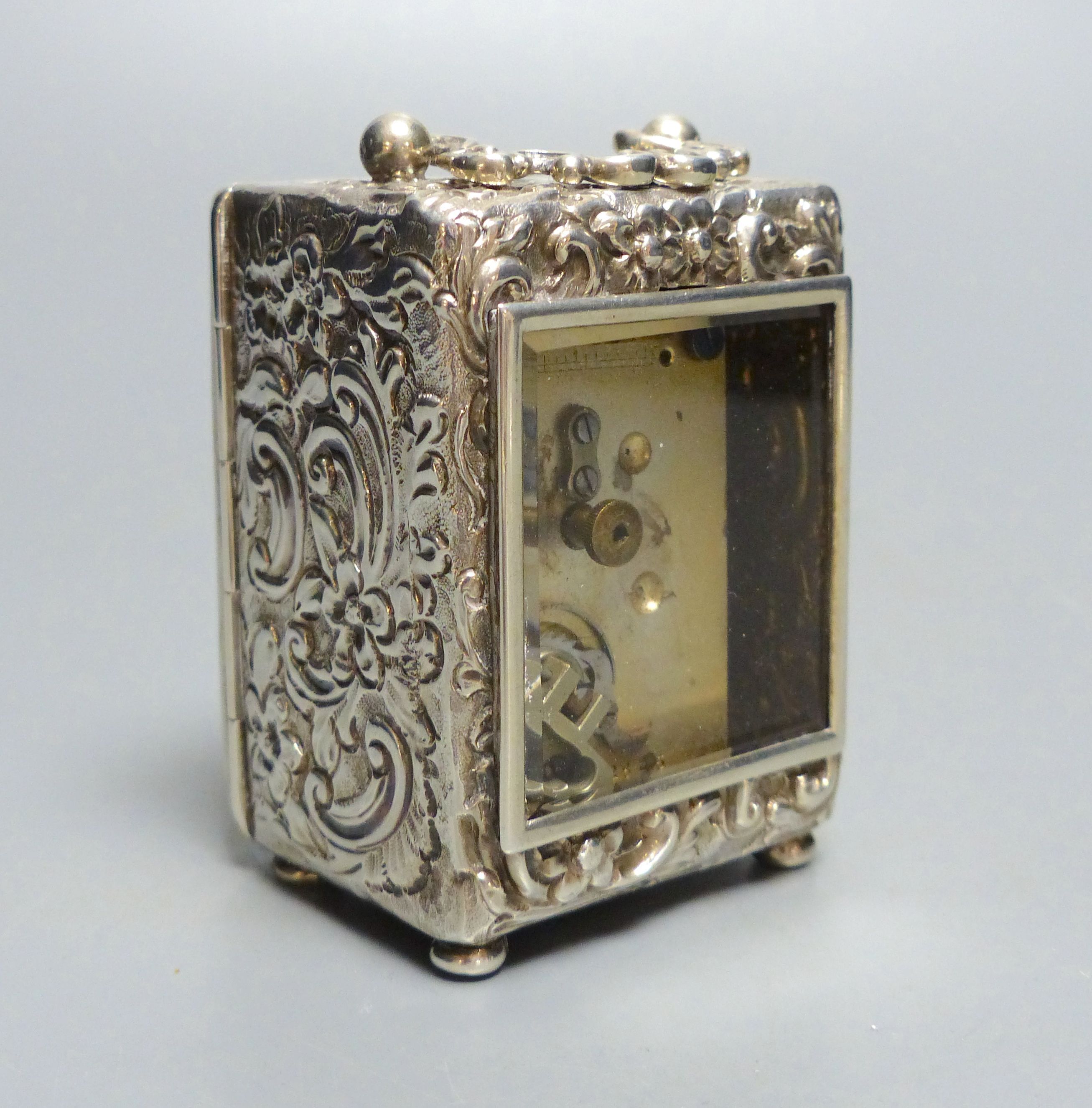 A late Victorian silver cased carriage timepiece, Charles Henry Dumenil, London, 1892, 7cm.